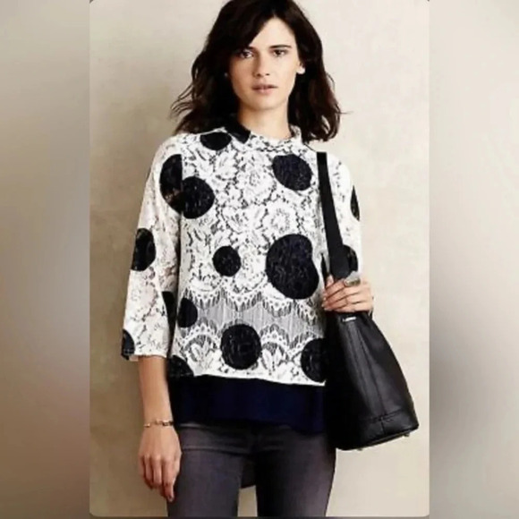 Anthropologie HD In Paris Rochelle Polka Dot Lace Top Blouse Navy Size 4 Small - Picture 1 of 8